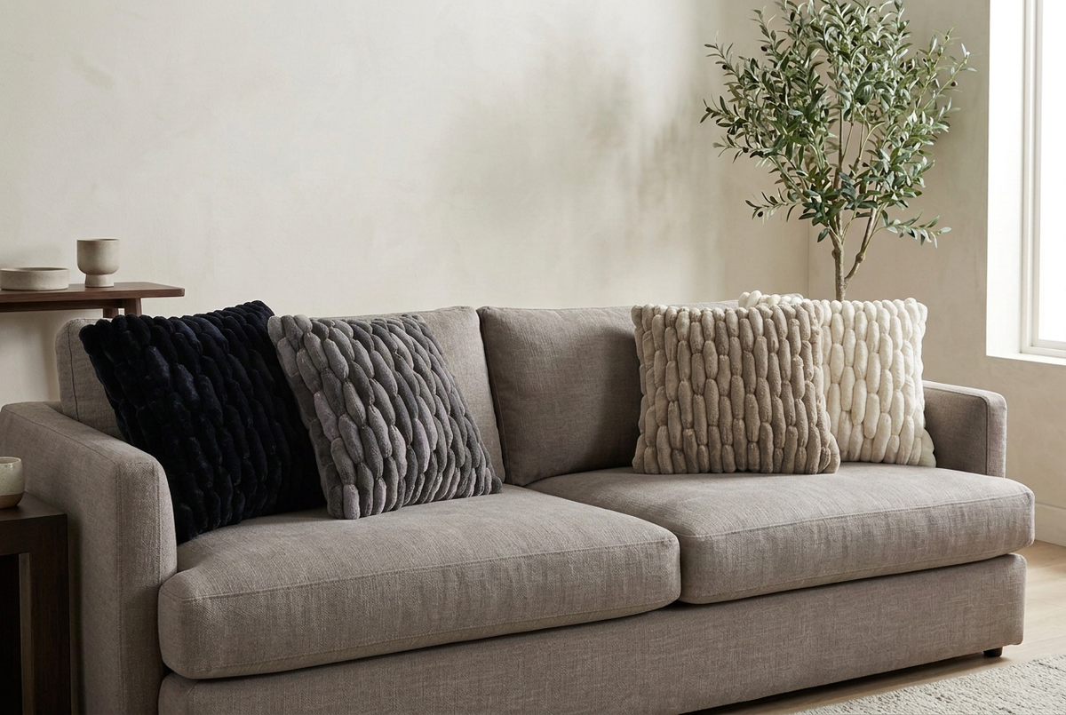 Four Cobble cushions on a neutral sofa