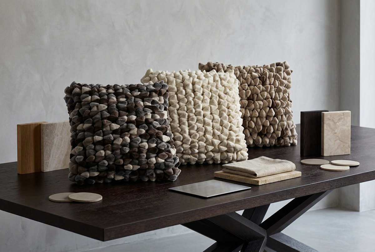 Neutral cushion moodboard with wenge wood and stainless steel