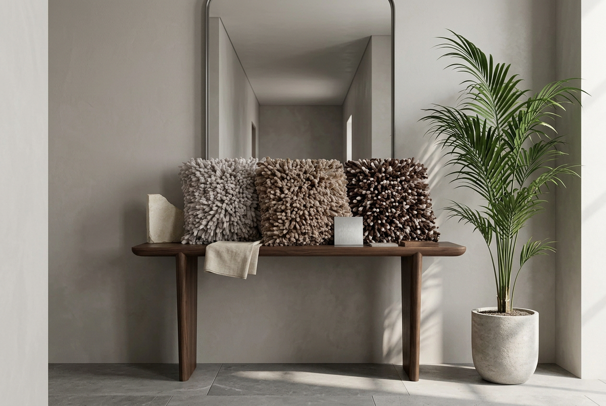 Spiky cushions on a taller hallway console with a Kentia palm and mirror